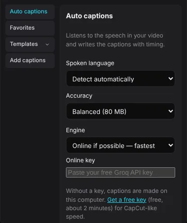 The Auto captions panel with language, accuracy and engine settings