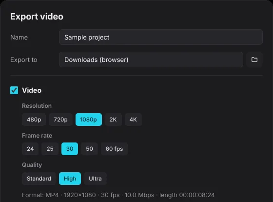 Cutkaar Export dialog with resolution, frame rate and quality options