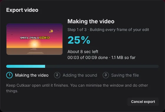 Export progress: making the video, 25 percent, about 8 seconds left